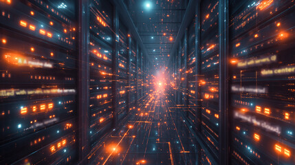 Poster - AI in the Cloud: A massive data center filled with servers, each connected to a central AI in the cloud, symbolizing how Large Language Models operate at scale to process vast amounts of data.