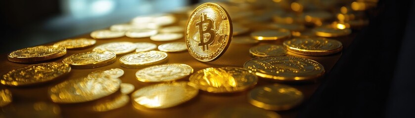 Poster - A stunning display of golden coins reflecting light, symbolizing wealth and prosperity, perfect for financial themed projects.