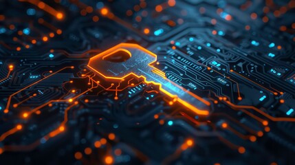Poster - A glowing yellow key sits on a dark circuit board, representing digital security and access.