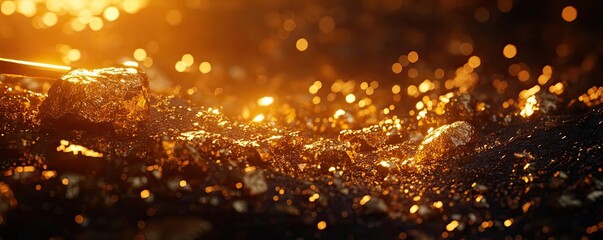 Poster - A mesmerizing close-up of shimmering gold particles reflecting light in a beautiful, enchanting background.