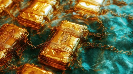 Poster - A mesmerizing collection of golden treasure bars resting in a vibrant blue environment, symbolizing wealth and prosperity.