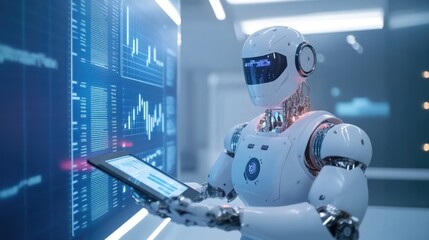 Poster - Advanced robot working with a tablet, analyzing charts and graphs, high-tech office with bright colors