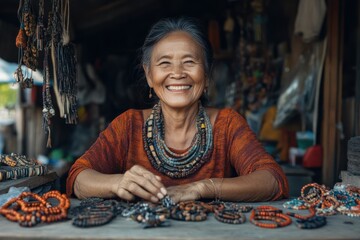 Elderly woman contentedly smiling at her market stall, surrounded by her handcrafted bead jewelry, a testament to her dedication and skill as an artisan.