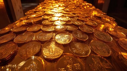 Poster - A close-up view of shining gold coins stacked beautifully, reflecting light and creating a stunning display of wealth and luxury.