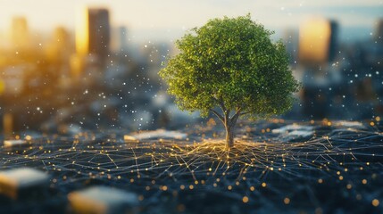 Poster - climate change networking concept with tree and network lines.