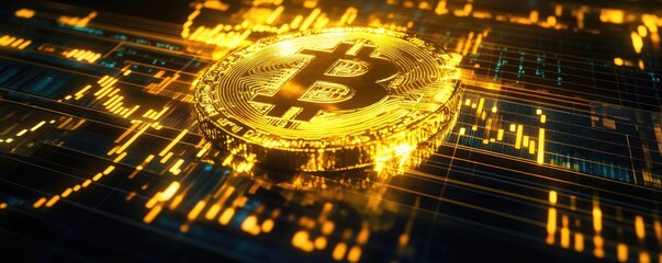Aufkleber - Stunning visual of a Bitcoin surrounded by digital graphics, symbolizing the rise of cryptocurrency in modern finance.