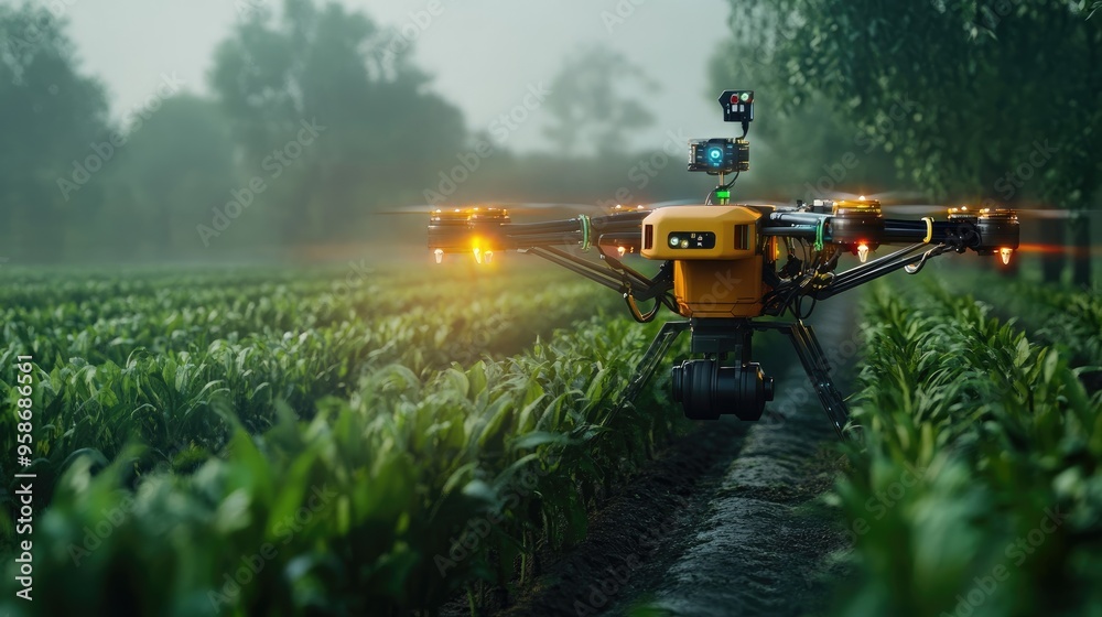 Advanced farm setup with a drone and robotic arm working together to ...