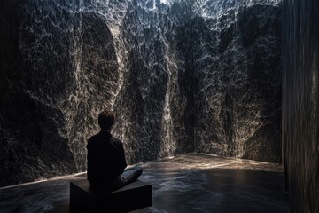 A lone figure sits facing a wall of digital rain.