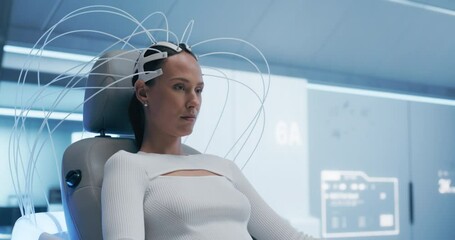Aufkleber - In a Futuristic laboratory, Doctors Use Advanced Neural Technology to Scan Female Patient's Brain, Aiming to Enhance Cognitive Function and Research Neural Diseases. Pan Shot from Scientist to WOman