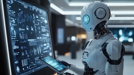 Poster - Advanced AI robot analyzing real-time data on a tablet, futuristic tech lab with interactive screens