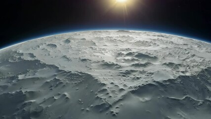 Sticker - an aerial view of a celestial body reveals a rugged, cratered surface illuminated by a distant sun. 