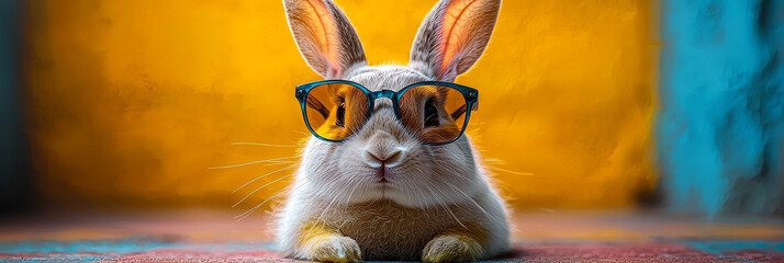 Canvas Print - A cute bunny wearing blue sunglasses against a yellow and blue background.