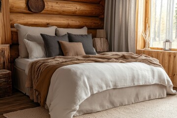 Wall Mural - Cozy bedroom with a rustic wooden design, featuring a neatly made bed and natural light.