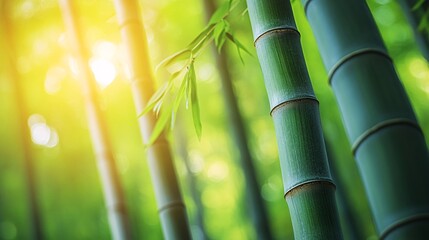 Wall Mural - Peaceful meditation scene in a bamboo forest with soft light filtering through the leaves and a gentle breeze Stock Photo with copy space