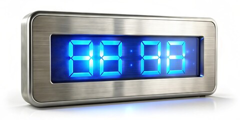 Modern minimalist digital clock face with sleek silver casing and bright blue LED lights displaying exact time,