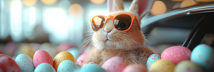 Canvas Print - A cool bunny wearing sunglasses sits among colorful Easter eggs.