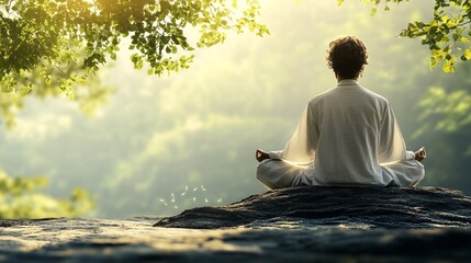 Aufkleber - Serene meditation in a park with the sound of birds singing and a light breeze rustling the leaves Stock Photo with copy space