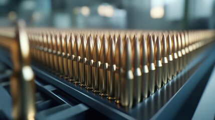 Poster - a conveyor belt transports a row of aluminum bullets, showcasing their streamlined design and polish