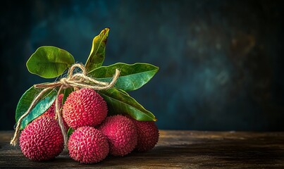 A bunch of lychees tied with twine, with leaves, on a wooden table, against a dark blue textured background.