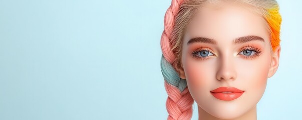 Fishtail braid with strands dipped in pastel colors, paired with metallic eyeshadow and a bright coral lip