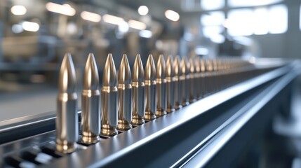 Poster - Silver bullets are steadily advancing along a conveyor belt in a bright manufacturing facility, showcasing the efficiency of the production process