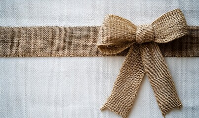 Wall Mural - Brown Burlap Bow and Ribbon on White Canvas