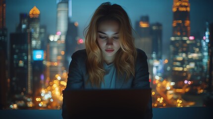 Poster - young woman working on laptop at night with city skyline illuminated by city lights in the backgroun