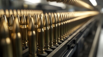 Poster - Steel bullets are seen advancing along an assembly line in a manufacturing facility, showcasing the production process and metalworking techniques used in ammunition creation