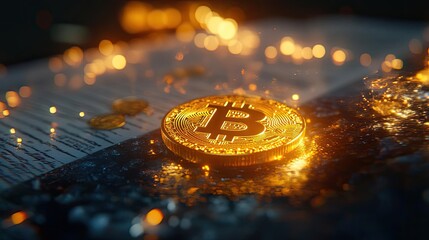 Poster - A close-up of a Bitcoin coin glowing on a dark surface, showcasing modern cryptocurrency in a financial context.