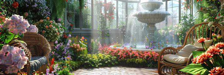 Wall Mural - The Joy of Nature: A lush garden filled with blooming flowers, a tranquil fountain, and a cozy wicker chair.