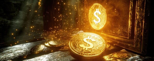 Poster - A vivid scene featuring shining gold coins and sparkling dollar signs, symbolizing wealth and prosperity in a treasure setting.