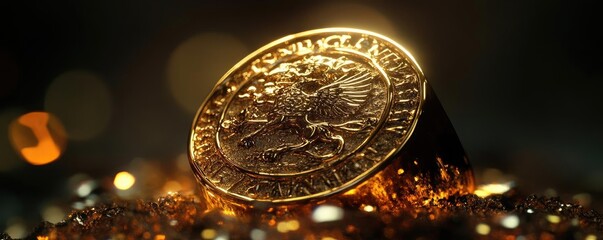 Poster - A close-up of a golden coin resting on sparkling gems, showcasing intricate detail and a captivating shine.