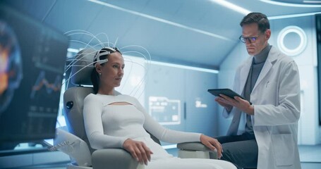 Aufkleber - Futuristic laboratory: Female Patient Wearing Headset for a Brain Scan With Advanced Neural Technology, Monitored by a Doctor Using Digital Tablet. Cognitive Optimization and Neural Disease Research