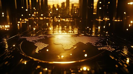 Poster - A stunning golden map of the world reflecting urban lights, symbolizing global connection and innovation.
