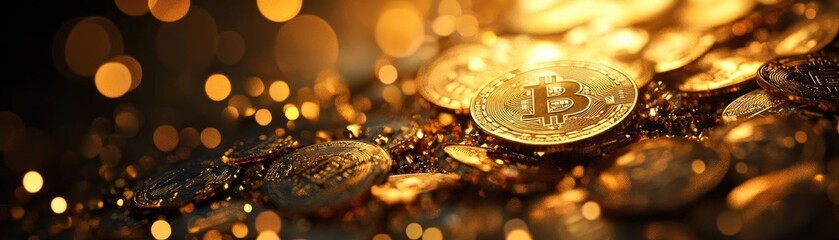 Poster - A glimmering close-up of Bitcoin coins, surrounded by vibrant bokeh lights that enhance the digital currency's allure.