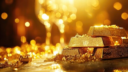 Poster - A luxurious display of golden bars and glittering jewels, symbolizing wealth and prosperity in a shimmering ambiance.