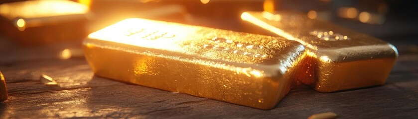 Poster - Shining gold bars stacked elegantly, epitomizing luxury and wealth, with a warm glow highlighting their polished surfaces.