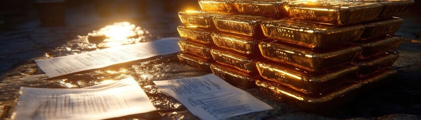 Poster - A close-up view of stacked gold bars next to documents, highlighting wealth and financial investment opportunities in a gleaming setting.