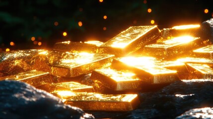 Poster - A stunning pile of golden bars shining brightly, symbolizing wealth, luxury, and prosperity in a natural setting.