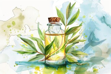 Wall Mural - Myrtle Herb and Aromatic Essential Oil Bottle Watercolor Illustration for Spa and Wellness