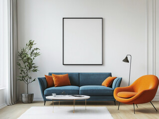 interior, architecture, living room, room, sofa, armchair, cushion, floor, wall, art frame, lamp, table, apartment, house, comfortable, decoration, calm, blue, orange, white, brown, Generative AI