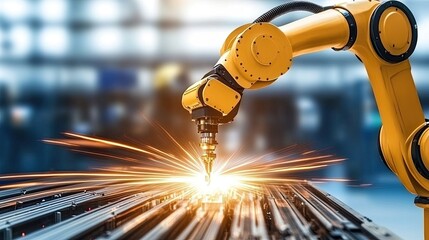 Poster - In a smart digital factory, a robotic arm skillfully crafts advanced steel components for the automotive industry utilizing precise CNC machining techniques