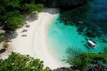 a boat is docked on the shore of a tropical beach