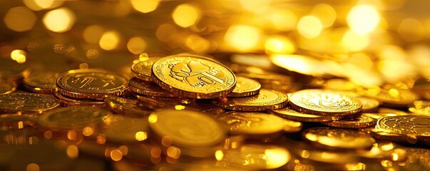 Poster - A close-up view of shiny gold coins scattered on a reflective surface, creating a rich and luxurious ambiance.