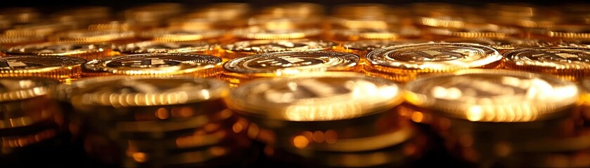 Poster - Close-up view of shiny gold coins stacked together, creating an alluring and rich texture. Ideal for finance and wealth concepts.