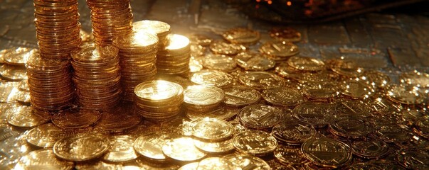 Poster - A close-up of shining gold coins stacked and scattered, symbolizing wealth, prosperity, and financial success.