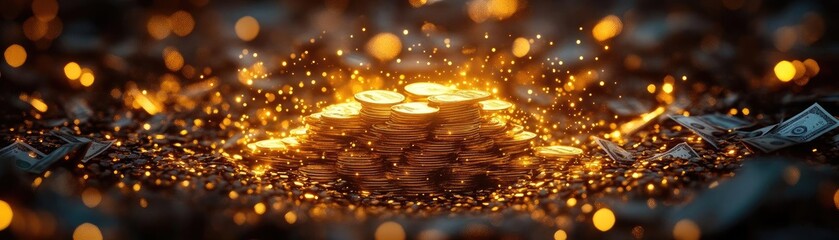 Poster - A mesmerizing arrangement of glowing coins surrounded by shimmering lights, symbolizing wealth and prosperity.