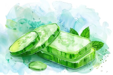 Wall Mural - Organic Beauty. Handmade Cucumber Soap with Watercolor Illustration for Spa Therapy