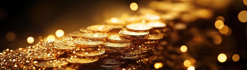 Aufkleber - A stunning close-up of shimmering golden coins, symbolizing wealth, prosperity, and abundance in a captivating background of sparkles.