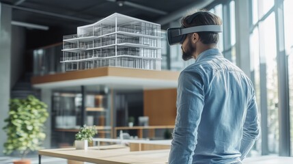 Poster - An architect wearing a virtual reality headset is exploring 3D building models in a contemporary design studio filled with natural light and greenery